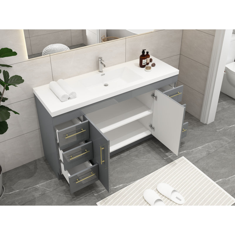 Ensemble de meuble-lavabo simple 59 po Carliss, Gris lustré, Or