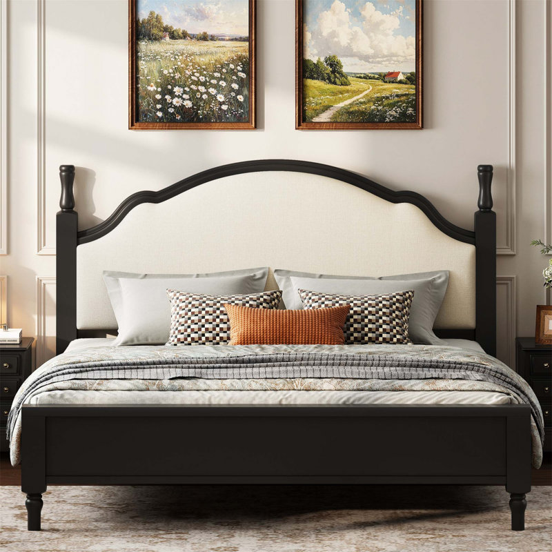 Grand lit plateforme en bois avec tête de lit tapissier, structure robuste et tissu élégant pour le confort et le style (matelas non inclus)