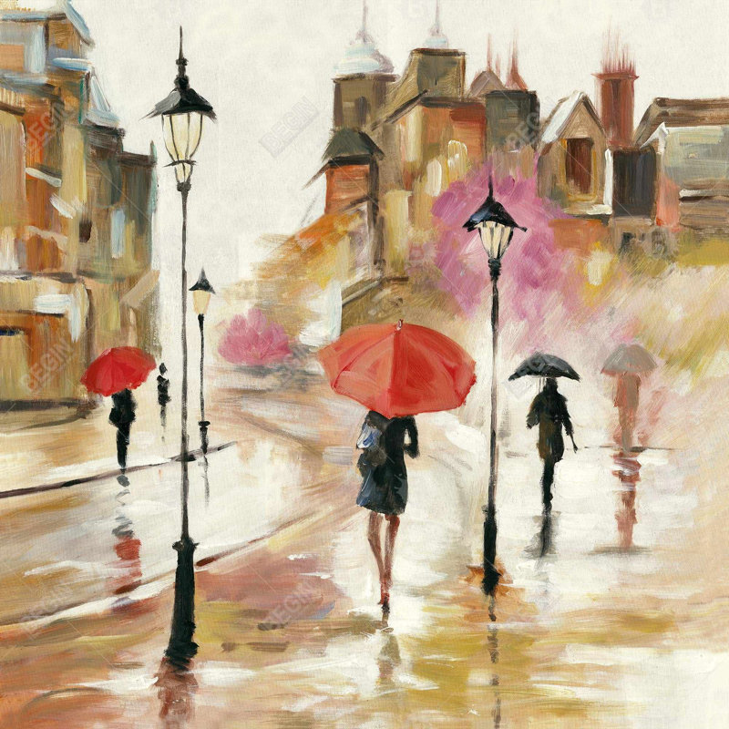 Passersby under their umbrellas - 18"x18" Throw pillow cover - Poly twill - Print on demand