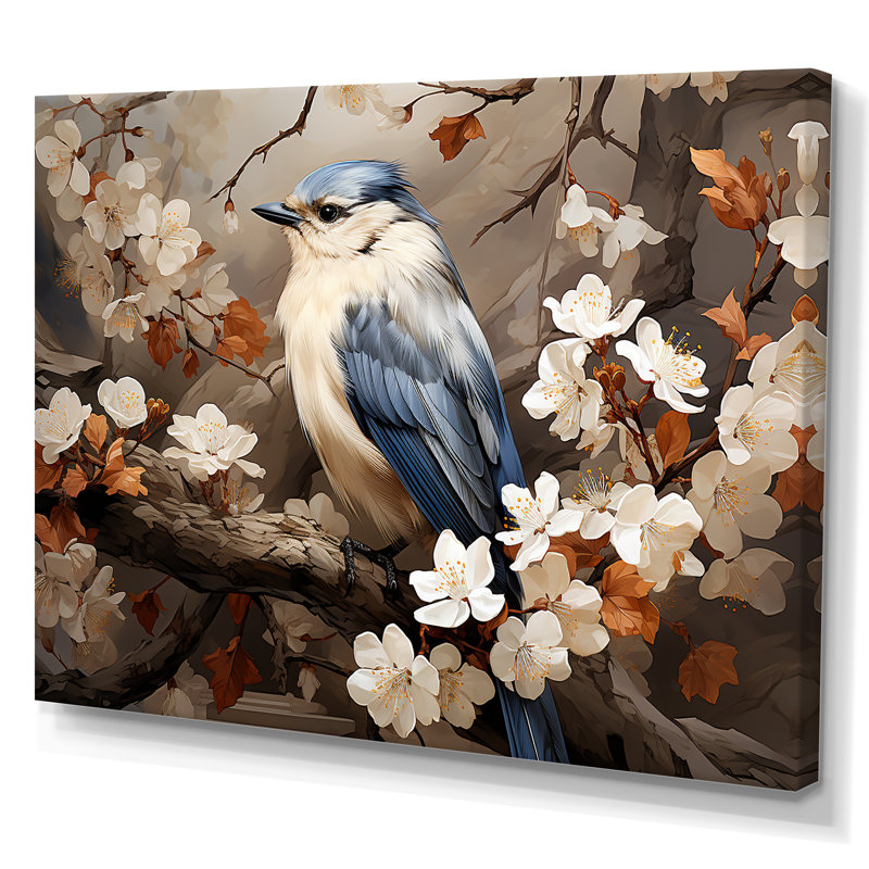 «Blue Floral Ethereal Bird» - art mural oiseau, Toile tendue, H 30 po x l 40 po x P 1,5 po