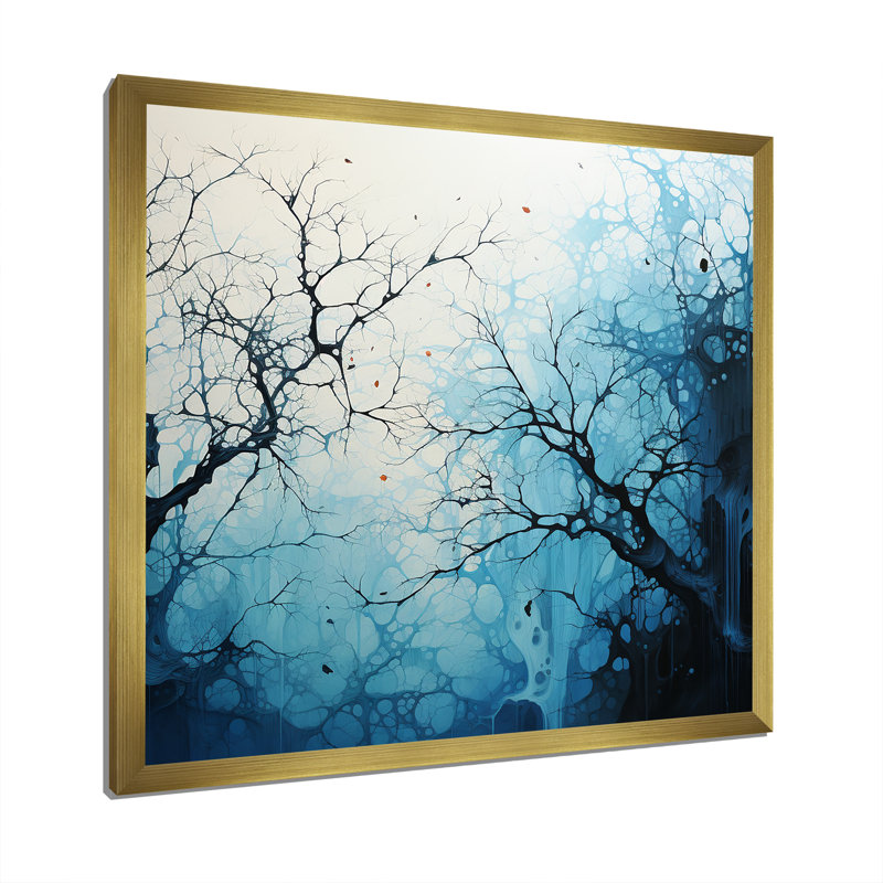 Minimalisme arbre bleu paysage V sur toile, Cadre doré simple, H 16 po x l 16 po x P 1 po