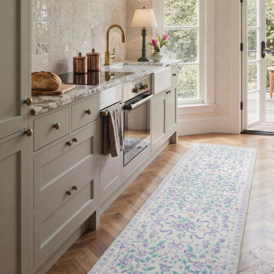 Atascadero Rosette & Bow Area Rug, French Country Floral Soft Kid Rug, Machine Washable, Inspired Faux Wool - High-Rebound Foam & Non-Slip Backing