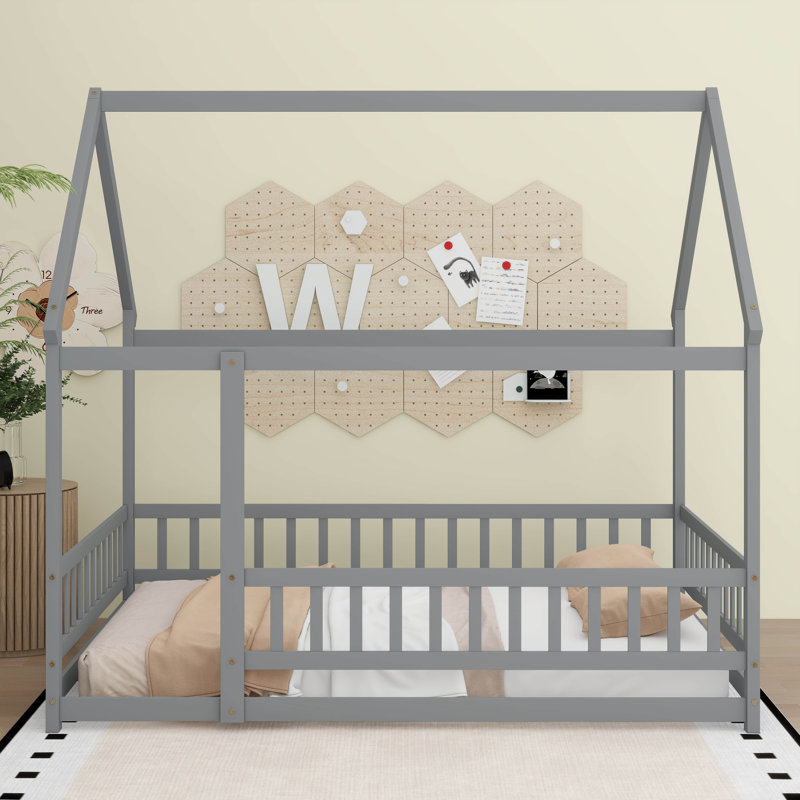 Lit double en bois pleine grandeur avec structure de toit, Grey