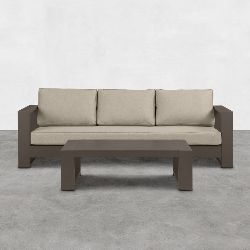 Ensemble de conversation d'extérieur en aluminium avec table de bout Hoyt, 2 Pcs: Coffee Table, 1 Sofa, Kaki, Bronze