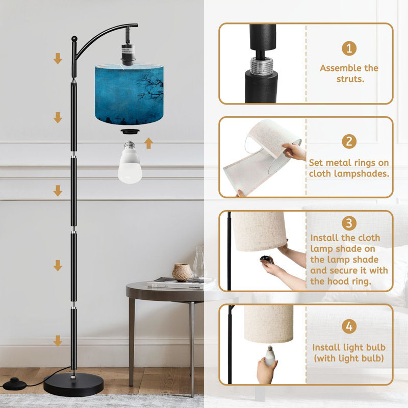  Arc Floor Lamp Foggy night view bare branches covered webs Tall Modern Standing Lamp LED Adjustable Linen Lampshade 3 Color Temperatures