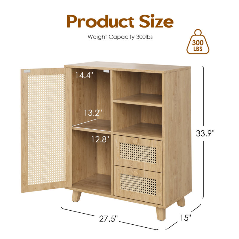 Armoire d'appoint en rotin avec tablettes réglables, Beige