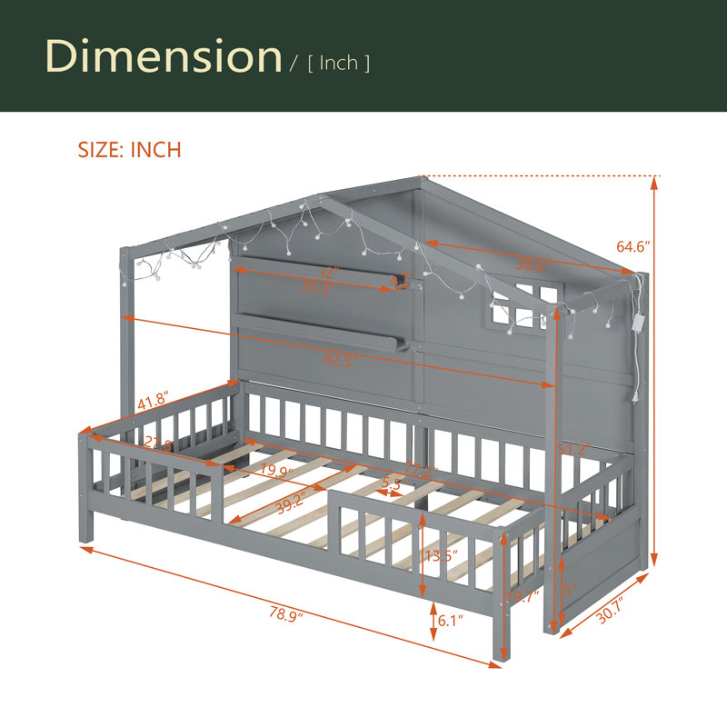Lit simple avec tablettes, lit maison avec fenêtre et bande lumineuse étincelante sur le toit, Gris