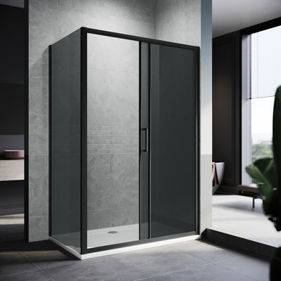 190*100*0.8cm, Safety Aluminum Framed Single-Sided Self-Cleaning Glass Shower Door with Side Panels, Black.
