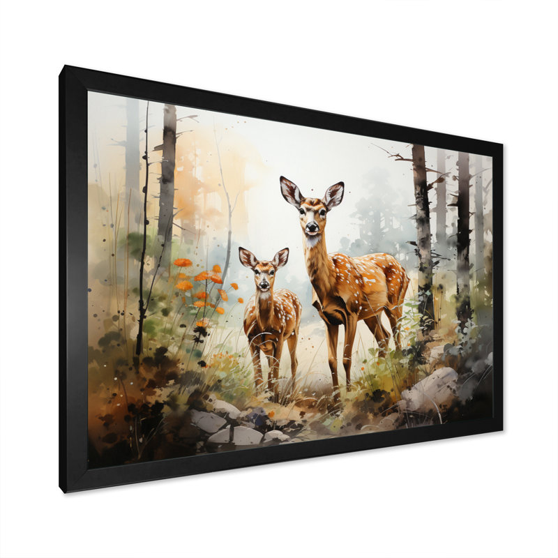 Deers Whispering Woods II, reproduction d'art sur toile, Toile avec cadre photo noir simple, H 16 po x l 32 po x P 1 po