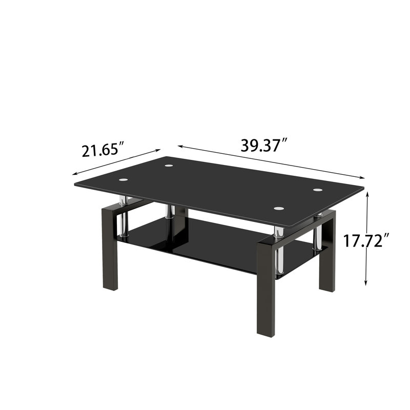 Table basse en verre trempé noir avec pattes en métal, table d'appoint moderne à 2 niveaux pour salon