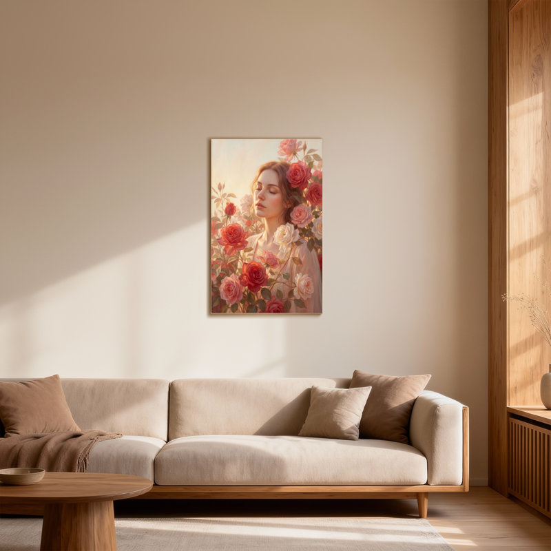 Femme de la Saint-Valentin entourée de roses dans une douce lumière, H 48 po x l 32 po