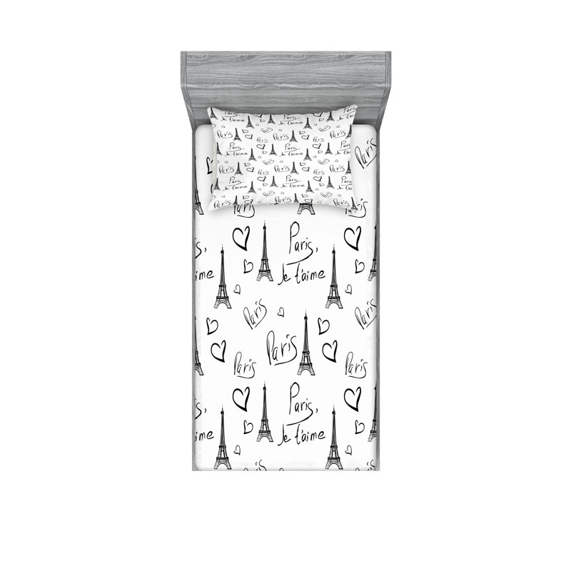 Drap-housse et coussin décoratif Ambesonne Paris noir et blanc, Ensemble de draps pour lit simple + 3 pièces supp