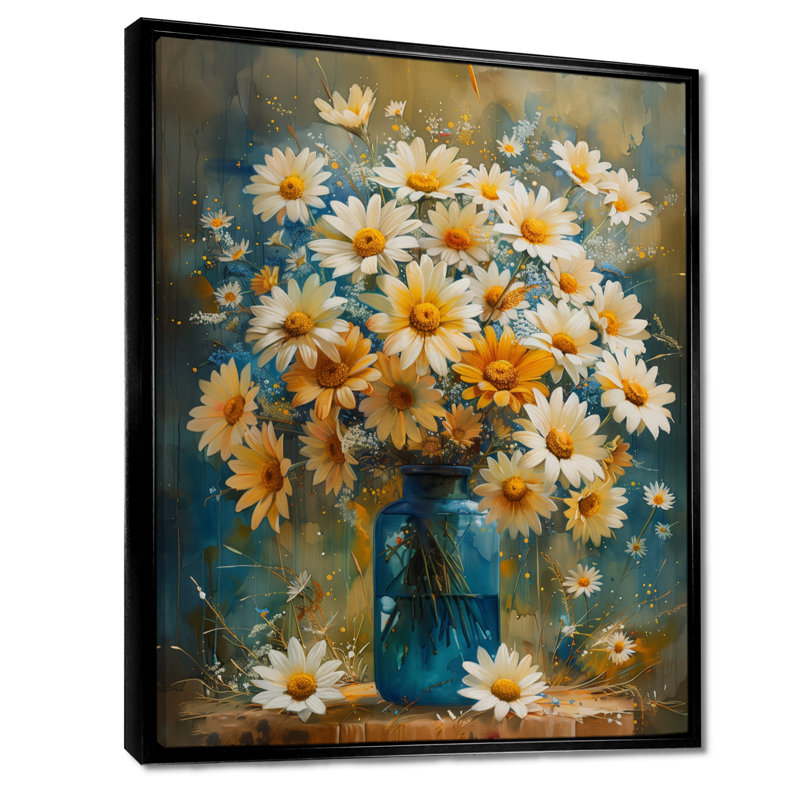 Bleu et blanc, nature morte, fleurs dans un vase II - marguerites, art mural, Cadre flottant noir, H 32 po x l 16 po x P 1 po