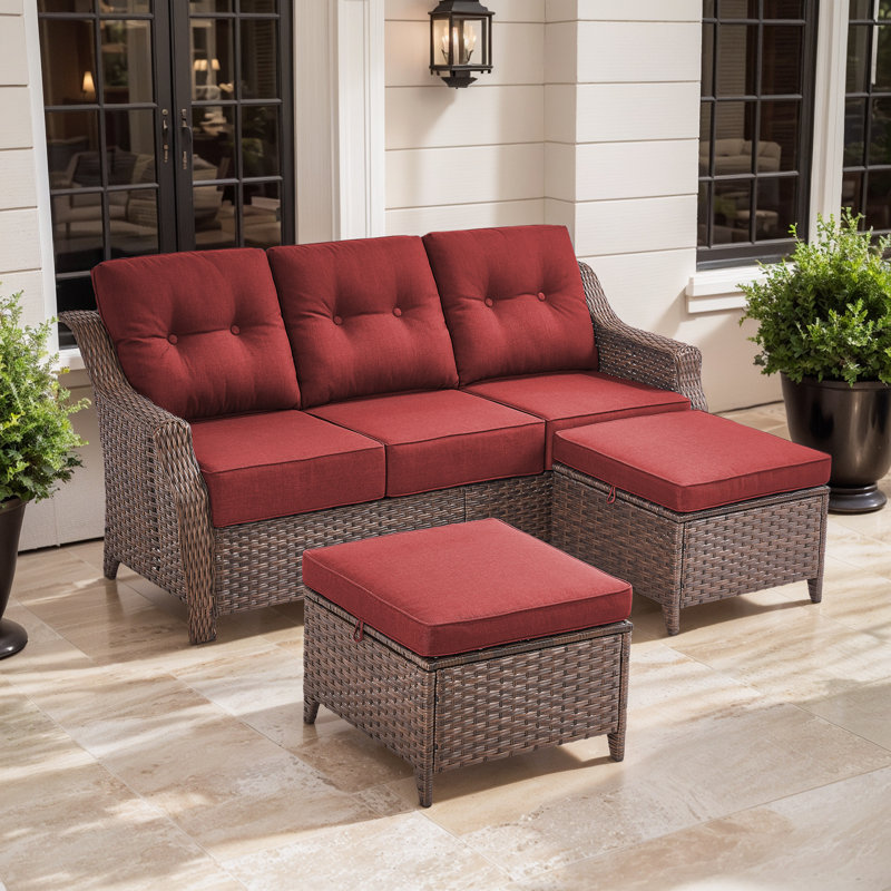 Acton 75" Outdoor Wicker Rattan Patio Sofa With Cushions And Ottomans, Red