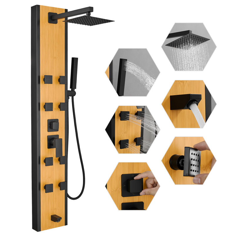 57'' Black and Bamboo Shower Panel System with Body Jets