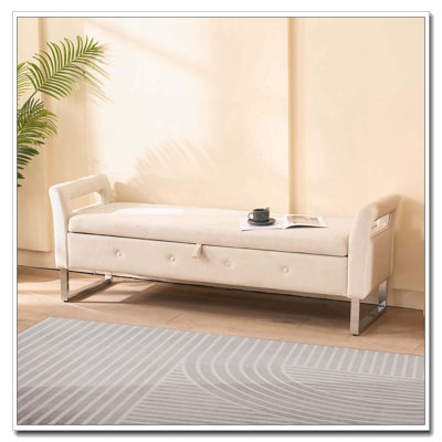 Velvet Storage Bench with Armrests and Metal Hinge