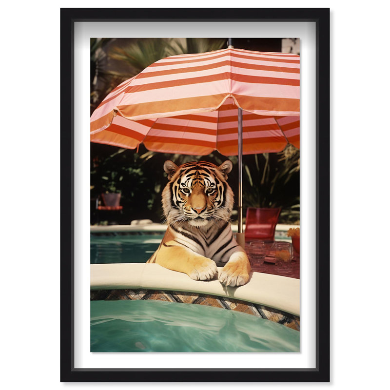 Oliver Gal Poolside Tiger Encounter Coastal - Luxury Shadowbox Framed Wall Art, Black, 46.5" H x 31.5" W