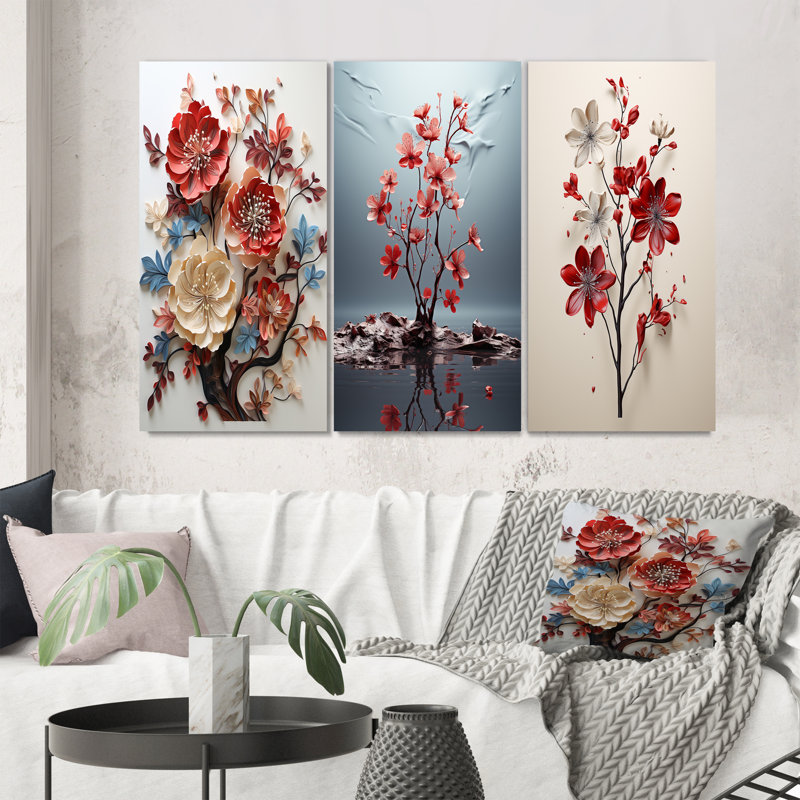 «Red Blue Minimalisme Essence Of Nature», 3 pièces sur toile, Toile tendue, H 40 po x l 60 po