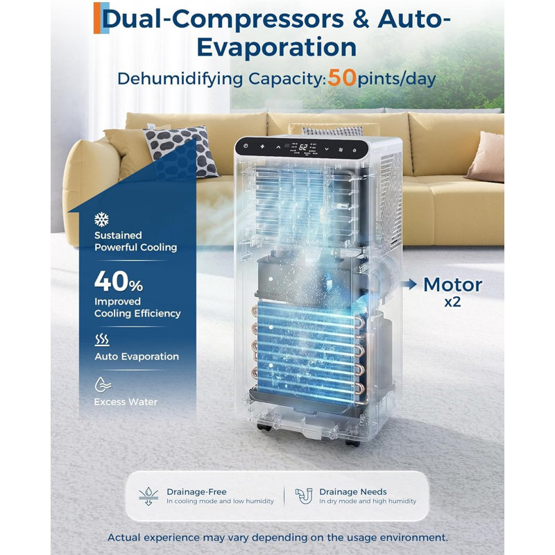Climatiseur portatif 2 PCS 8000 BTU, refroidit jusqu'à 350 pieds carrés, 48dB silencieux, télécommande, 4 en 1 (AC / déshumidificateur / ventilateur / sommeil), minuterie 24H, certifié DOE, panneau blanc et noir avec trousse d'installation