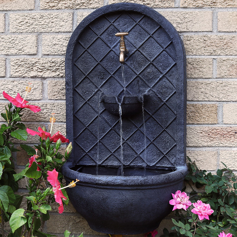 Lutterworth Weather-Resistant Polystone Solar Wall Water Fountain with Battery Backup - Lead, Dark Gray