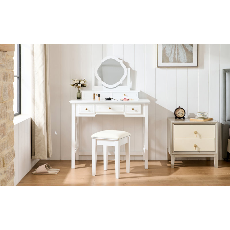 White Makeup Vanity Table With Reversible Four - Leaf Mirror, 5 Drawers For Organized Accessories, Cushioned Stool Enjoyable And , Mirror Flawless Makeup, Elegant Design Molding, Generous Storage