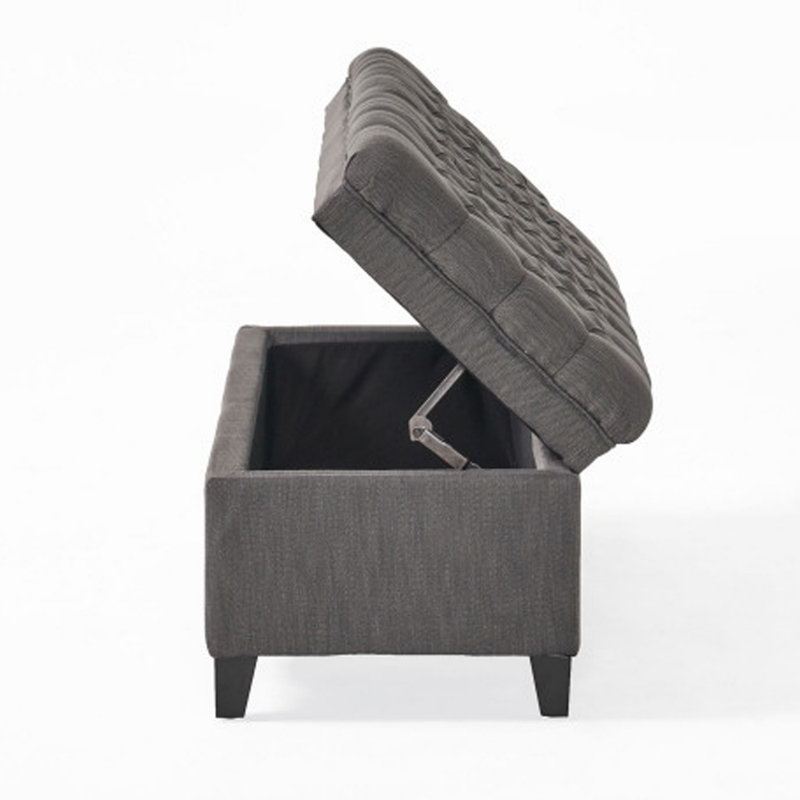Rhya Storage Bench, 50 Inch Button Tufted Plush Seat, Soft Gray Fabric, Gray