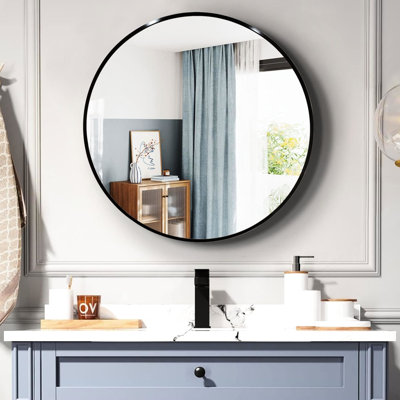 Miroir mural rond de 36 pouces pour les rénovations de salle de bain - verre de 4 mm de diamètre, aluminium rouillé, cadre brossé à diamètre de panneau de densité, crochets renforcés, suspension stable