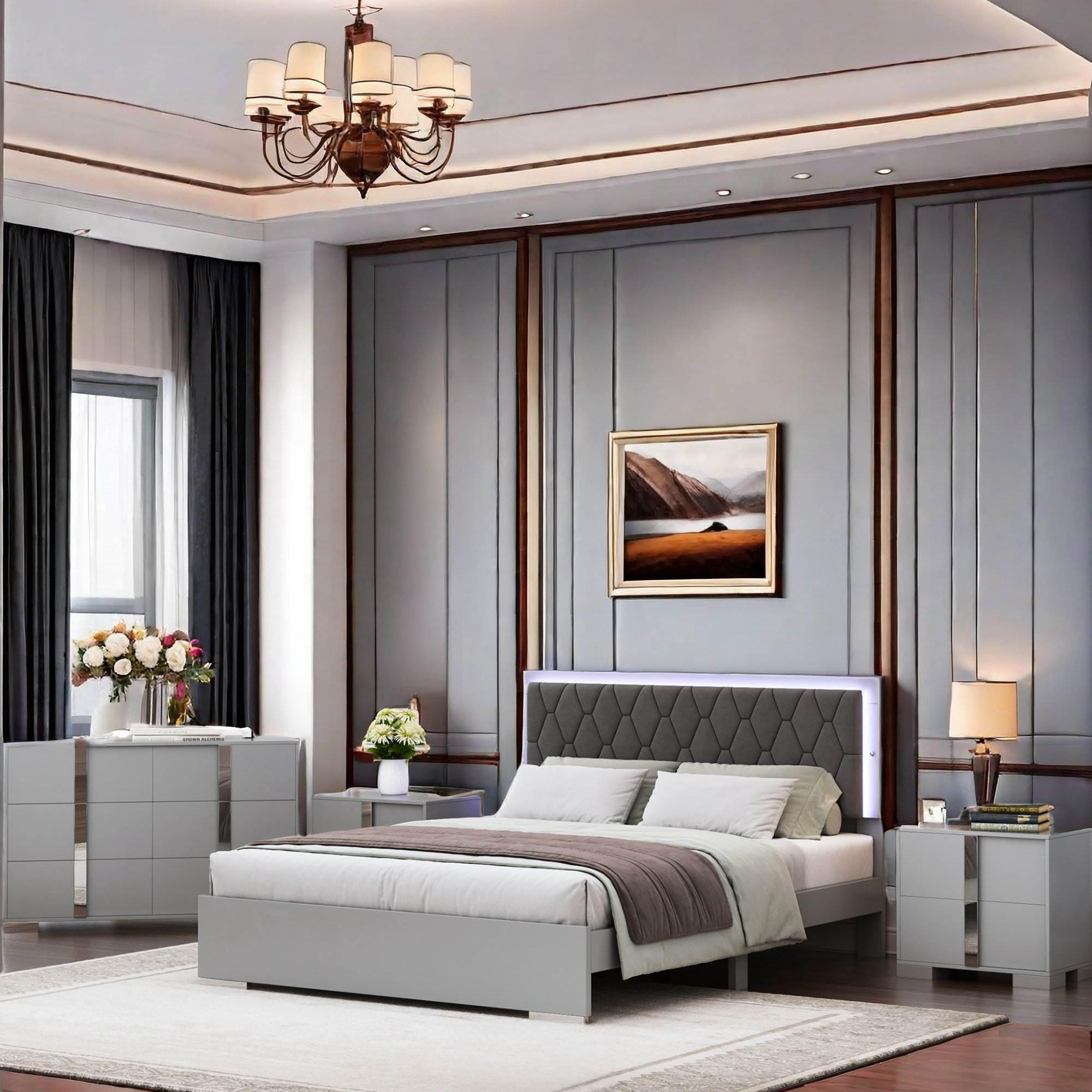 Wrought Studio Kahlif 4Pieces Bedroom Sets Included Bed With Led