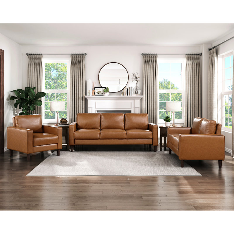 Canapé 3 places d'inspiration industrielle, revêtu de similicuir brun, style épuré, largeur d'assise 170 cm, rembourrage en mousse, idéal pour la maison, finition passepoilée, coussin intégré, structure en bois massif et contreplaqué, 56 cm