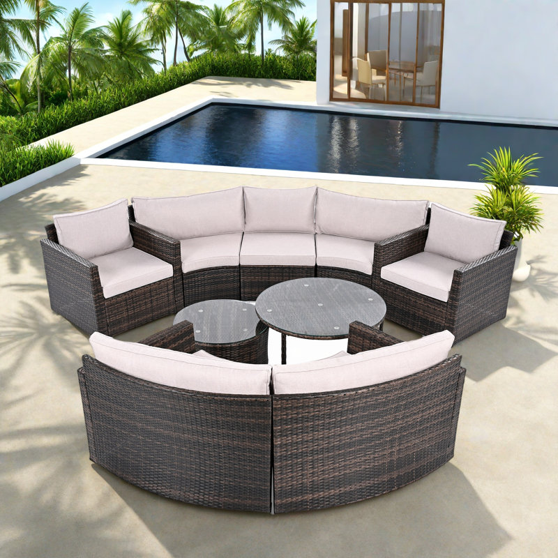 9-pieces Outdoor Half-moon Wicker Conversation Sets With 1 Nesting Coffee Table And Tempered Glass Top