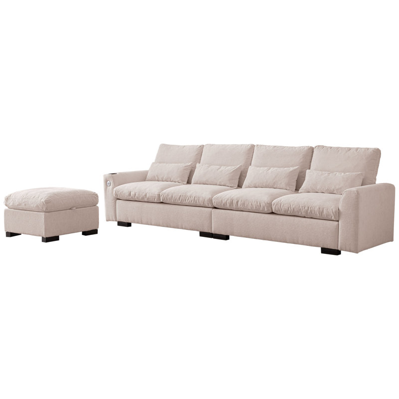 Chenille beige en forme de L de 114,5 po avec bibliothèque, rangement réversible, ports, porte-gobelet, coussins lavables amovibles, salon moderne, coussins,