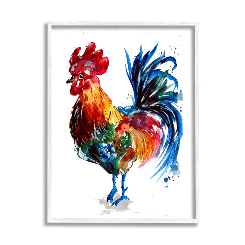 Coq avec éclaboussures modernes par Sebastian Grafmann, H 14 po x l 11 po x P 1,5 po, Giclée encadrée noir minuit