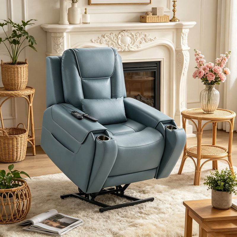 Power Lift Recliner – Massage & Heat, Lay Flat Leather, USB, Cup Holders, Power Headrest, Independent Backrest, Navy, Blue