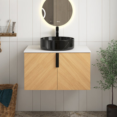 Meuble-lavabo mural 36 po avec lavabo d'art à motif de marbre noir en céramique et dalle de pierre artificielle, porte à fermeture en douceur
