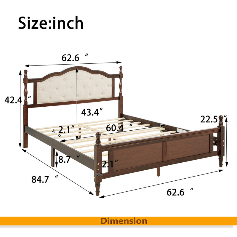 Grand lit en bois de pin avec tête de lit tapissier et pied de lit à panneau, avec deux pieds de support de rail de lit et pieds de support de plateforme centrale, noyer