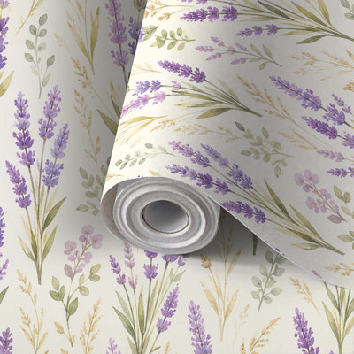 Peel and Stick PVC Wallpaper, Removable Self-Adhesive Wall Covering With Lavender Purple Floral Watercolor Print, Waterproof for Home Decor - Roll