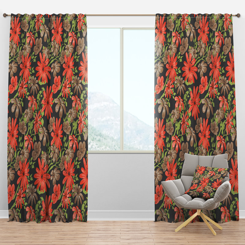 Red and Brown Flowers with of Green Branches - Floral Curtain - Velvet Room darkening - 1 panel, 52"W x 90"L