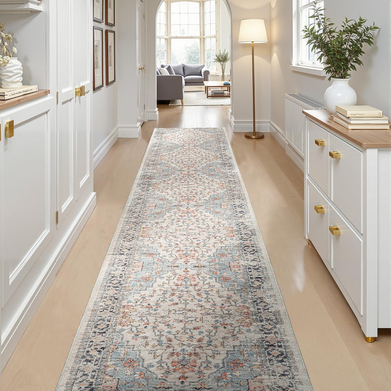  Boho 2x12 Runner Rug, Vintage Floral Area Rug, Non-Slip Washable Low Pile Accent Mat, Floor Carpet for Living Room Entryway Kitchen Hallway Laundry Bedside, Pink