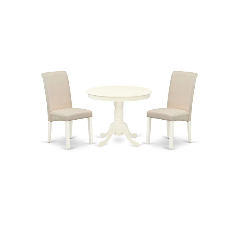 3 Piece Dinette Set for Small Spaces Contains a Round Kitchen Table with Pedestal and 2 Cream Linen Fabric Parson Dining Chairs, Linen White