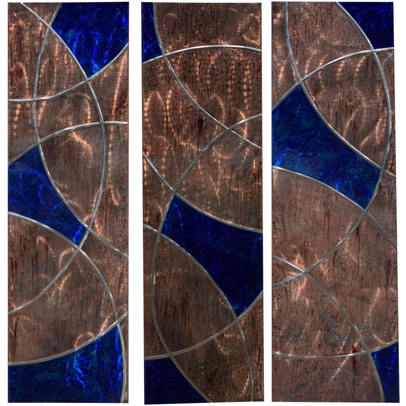 Cobalt Blue Distressed Copper 3-Panel Metal Wall Art