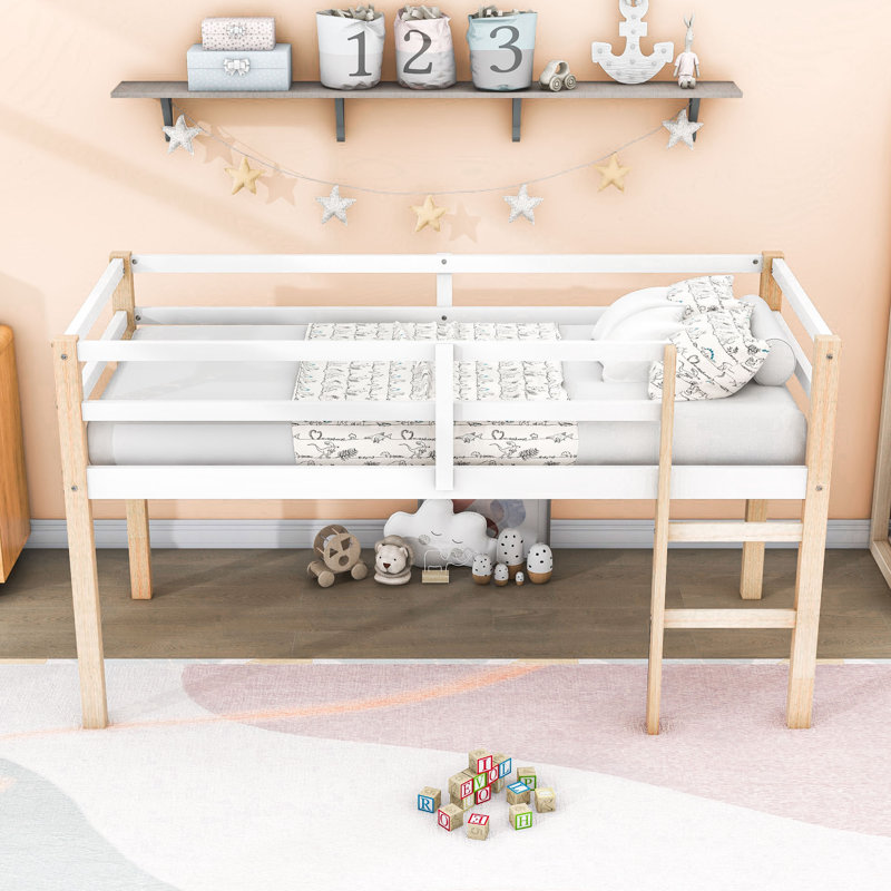 Twin Wooden Loft Bed With Safety Guardrails And Ladder