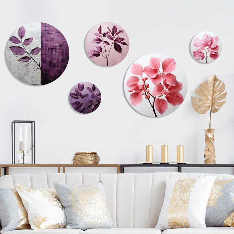 Feuilles mauves, précision de prune - ensemble d'art mural rond 5 feuilles