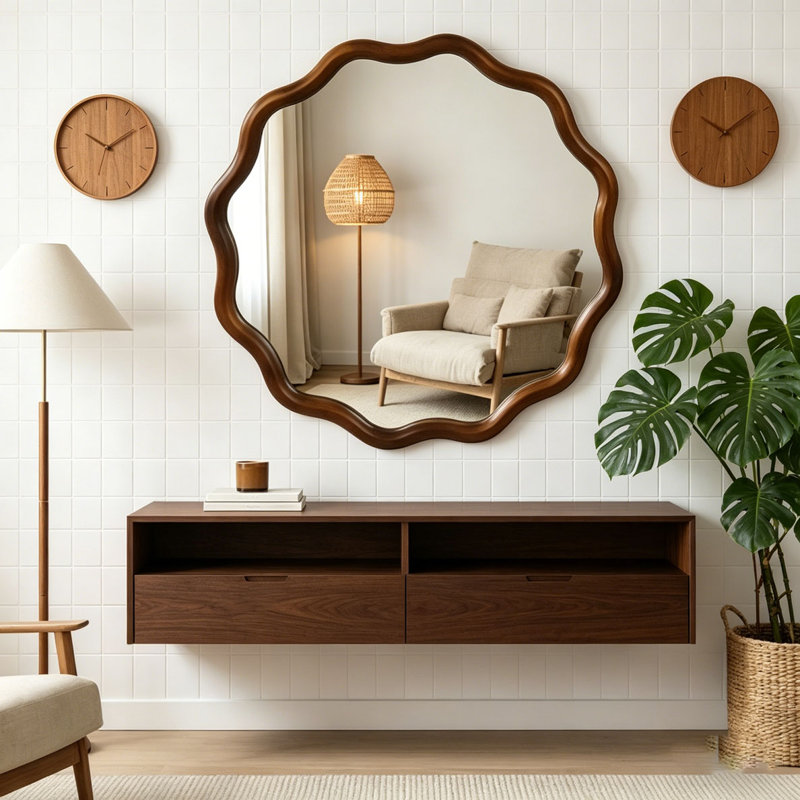 Miroir Wavy, 36 po, Noir + noyer foncé