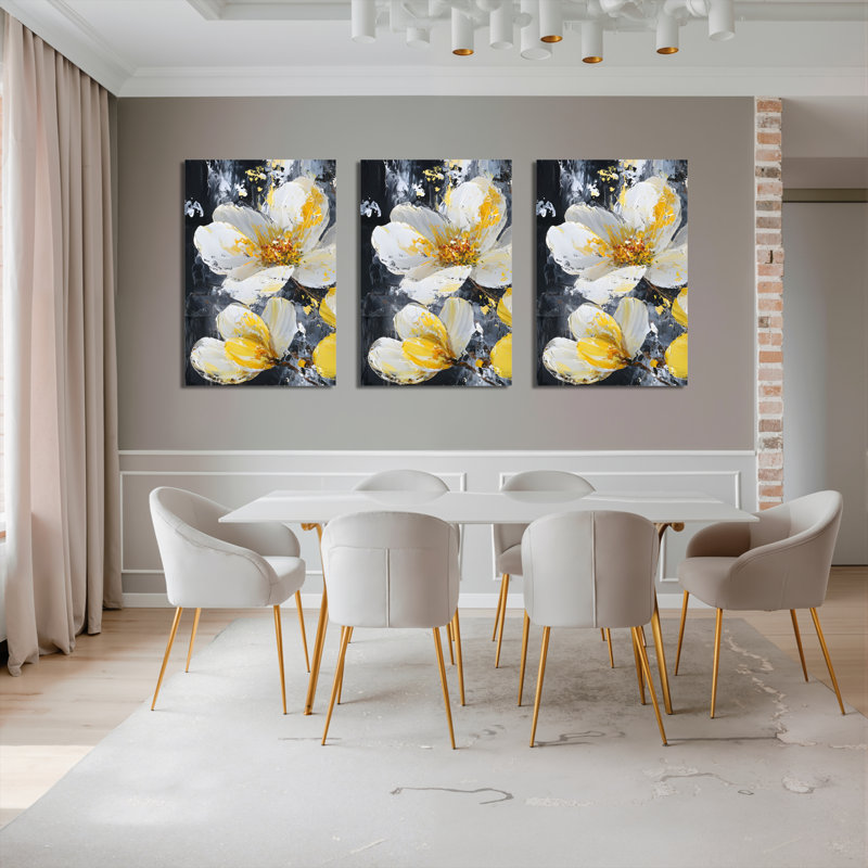 Toile tendue sur châssis, motif floral blanc et jaune, abstrait (paquet de 3), H 18 po x l 36 po