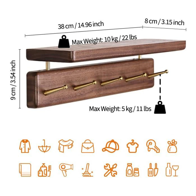 Tablette murale en bois massif avec crochets en laiton - Portemanteau fait à la main pour entrée, salon, salle de bain, chambre à coucher, cuisine - Solution de rangement élégante