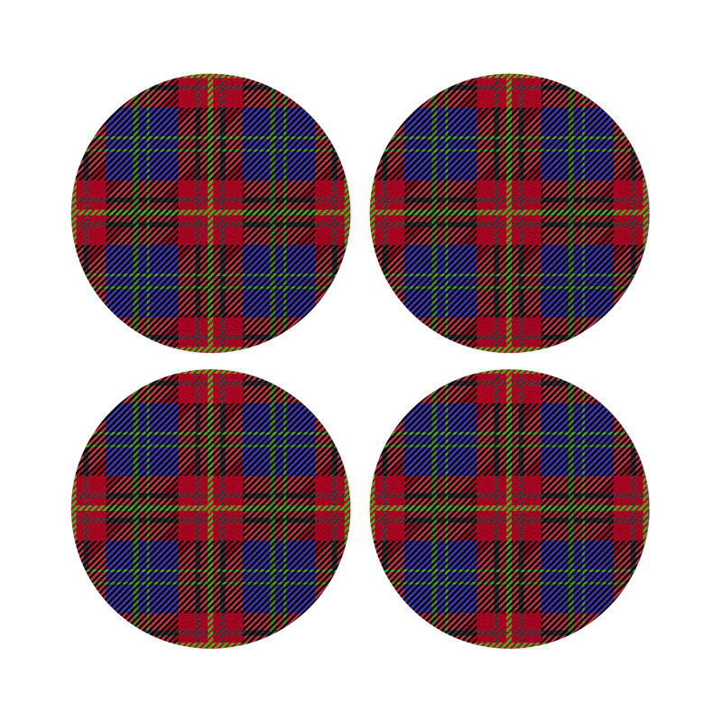 Tartan Blue Vegan Leather Round Coasters, Blue