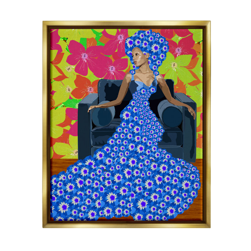 «Woman In Blue Retro Floral» par Lynnda Rakos, impression, H 31 po x l 25 po x P 1,7 po, Cadre flottant métallique doré