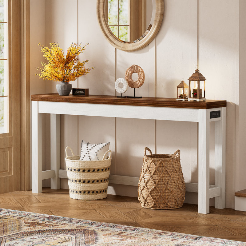 63 Inch Console Table with Outlet, White, Brown Oak