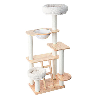 Minimalist Rubber Wood Cat Tree with Kraft Paper Rope for Home Use