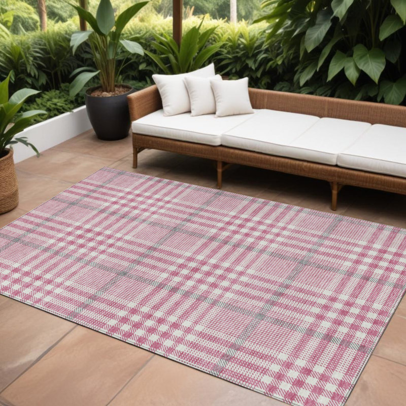 8' X 10' Ivory Plaid Washable Indoor Outdoor Area Rug